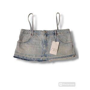 Zara Cropped Blue Denim Spaghetti Strap Jean Raw Hem Tank Top - Size M